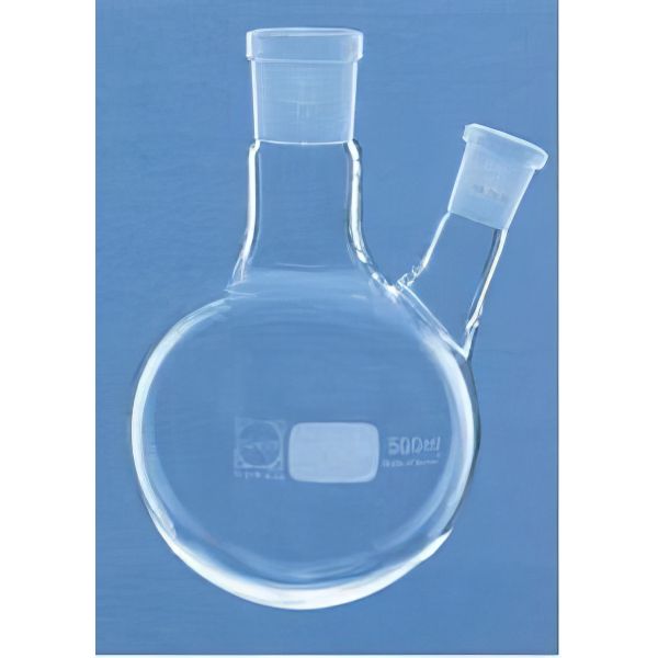 VERNICIATURA PALLONI E BEUTE VETRO BOROSILICATO/DURAN/PYREX/SIMAX, CON CONO NS Palloni fondo sferico, due colli, collo centrale ed un collo laterale angolato, coni normalizzati, vetro Pyrex/Duran.