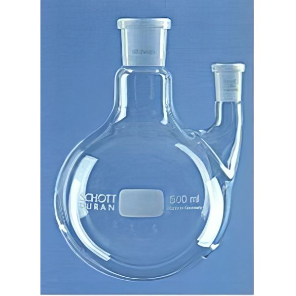 Palloni fondo sferico, due colli, collo centrale ed un collo laterale parallelo, coni normalizzati, vetro Pyrex/Duran.