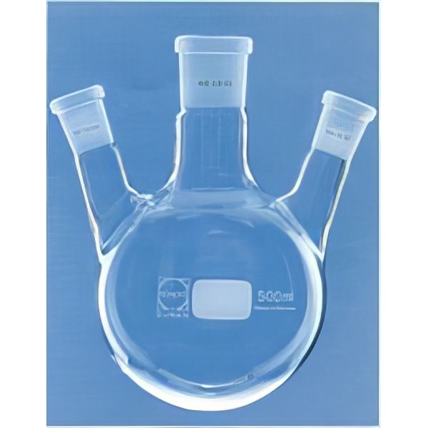 Palloni fondo sferico, tre colli, collo centrale e due colli laterali angolati, coni normalizzati, vetro Pyrex/Duran.