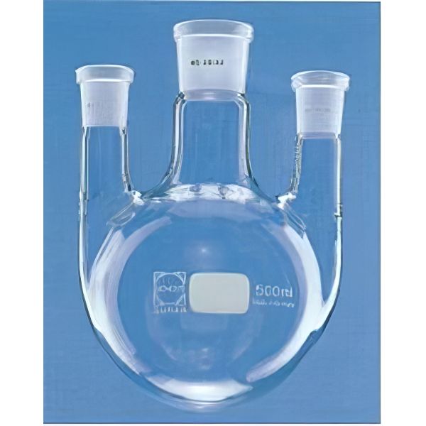 Palloni fondo sferico, tre colli, collo centrale e due colli laterali paralleli, coni normalizzati, vetro Pyrex/Duran.