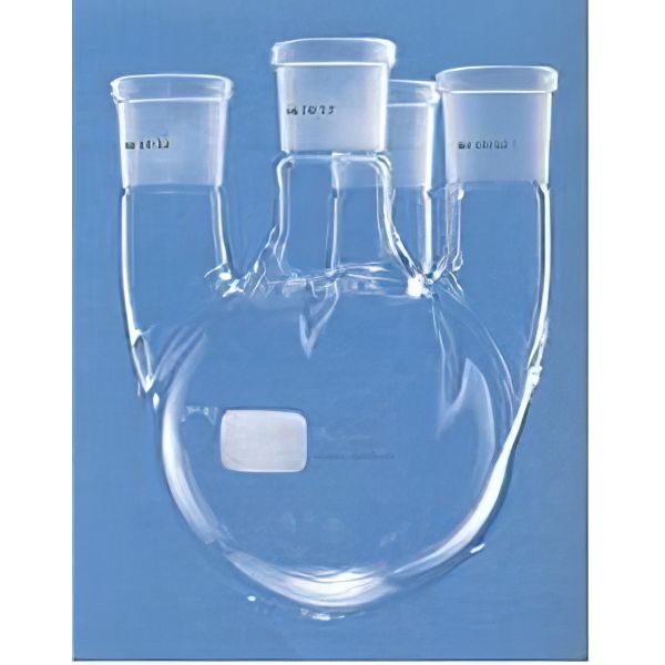 Palloni fondo sferico, quattro colli, collo centrale e tre colli laterali paralleli, coni normalizzati, vetro Pyrex/Duran.