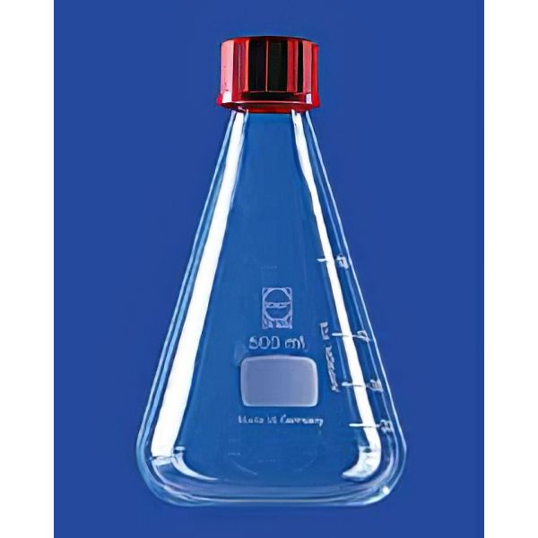 Matracci Erlenmeyer, collo a vite GL, con tappo (ROSSO) e guarnizione in PTFE, vetro Pyrex/Duran.