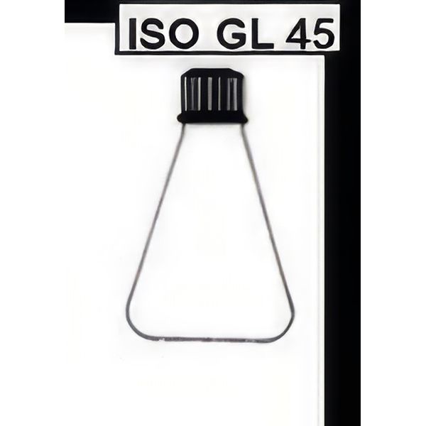 Matracci Erlenmeyer, collo a vite ISO-GL 45, con tappo (BLU) e anello salvagoccia vetro borosilicato.