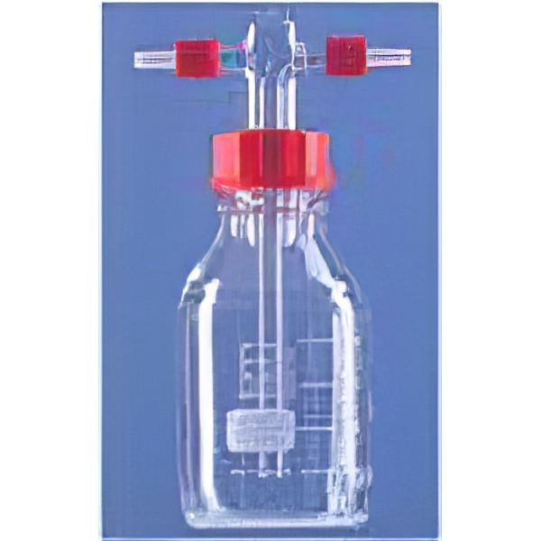 Bottiglie vetro borosilicato, secondo Drechsel, con tappo forato GL 45 e guarnizione al silicone , pescante regolabile in altezza, attacchi laterali GL 14 con connettori plastica diritti