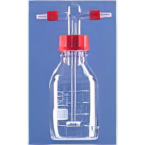 Bottiglie vetro borosilicato, secondo Drechsel, con tappo forato GL 45 e guarniz. al silicone , pescante, con setto poroso (porosità 1), regolabile in altezza, attacchi laterali GL 14 con connettori plastica dir.