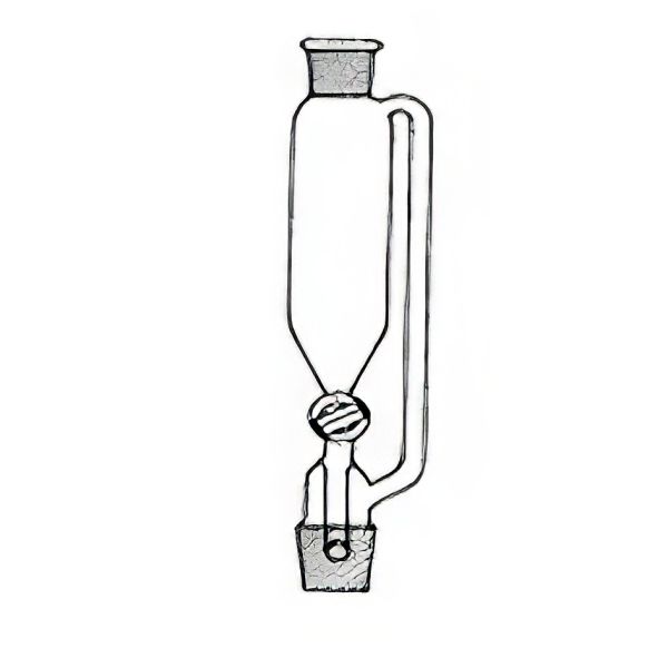 Imbuti separatori forma cilindrica, lisci, con tubo compensatore di pressione, coni normalizzati, con tappo su cono sup.,rubinetto maschio vetro, vetro borosilicato.