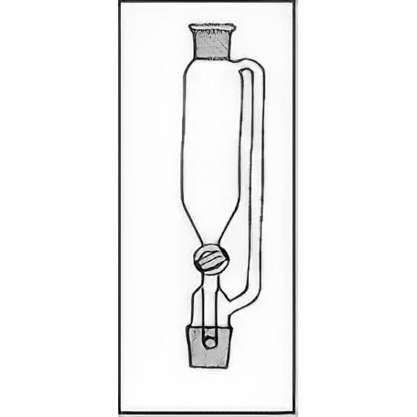 Imbuti separatori forma cilindrica, lisci, con tubo compensatore di pressione a coni normalizzati, con tappo su cono sup., rubinetto maschio teflon, vetro borosilicato