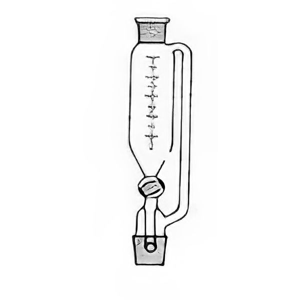 Imbuti separatori forma cilindrica, graduati, con tubo compensatore di pressione, coni normalizzati, con tappo su cono sup., rubinetto maschio vetro, vetro borosilicato.