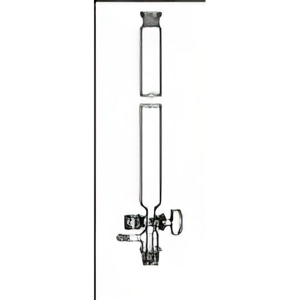 Colonne per cromatografia, con raccordo femmina superiore, cono maschio inferiore con presa per vuoto, rubinetto vetro, vetro borosilicato.