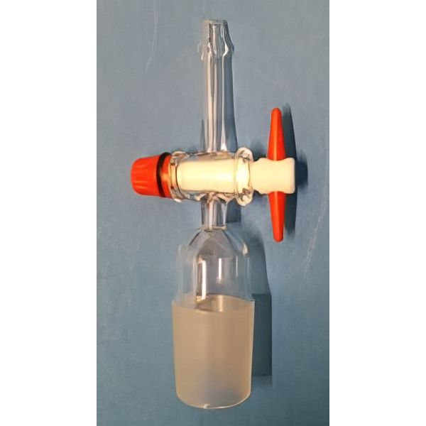 Raccordi cono maschio normalizzato, con rubinetto maschio teflon, portagomma diritto, vetro borosilicato.