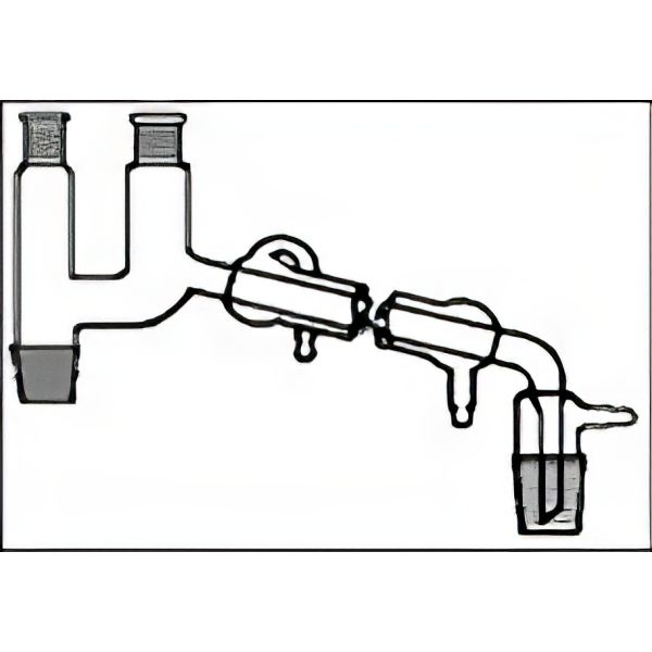 Raccordo per distillazione secondo Claisen, con refrigerante Liebig incorporato e presa per il vuoto, vetro borosilicato.
