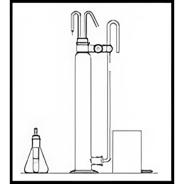 Calcimetro De Astis, vetro borosilicato, parte in vetro composta da: Cilindro graduato ml 100 : 1/1; tubo di livello in vetro per cilindro; due tubi in vetro piegati a 30°; Beuta Pyrex/Duran ml 250; tubetto per matraccio; provetta graduata ml 5:1/10; bicchiere ml 400 con portagomma laterale.