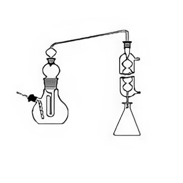Acidimetro di Cazenave per la determinazione dell'acidita' volatile nei vini, in vetro borosilicato, composto da: * Matraccio ml 750 NS 45/40; * Tubo bollitore cono NS 45/40; *Tubo adduttore con bolla di sicurezza; *Refrigerante a bolle; *Matraccio di raccolta ml 200.