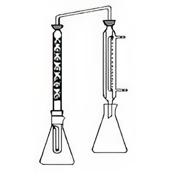Acidimetro di Cazenave, modificato da Miconi, per la determinazione dell'acidità volatile nei vini, in vetro borosilicato, composto da: *Matraccio Erlenmeyer ml 750 tarato a ml 350; *Matraccio Erlenmeyer ml 200 tarato ml 120; *Tubo bollitore con tubo estrattore con punte vigreux GS 18/9; * Tubo adduttore due GS 18/9; * Refrigerante a doppia circolazione con GS 18/9.
