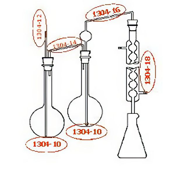 Acidimetro ufficiale ministero dell'agricoltura, per la determinazione dell'acidità volatile nei vini, in vetro borosilicato, composto da: *Palloni fondo tondo collo lungo ml 1000; *Tubo adduttore con bolla di sicurezza; Refrigerante a bolle mant. 300; *Matraccio Erlenmeyer di raccolta ml 200.