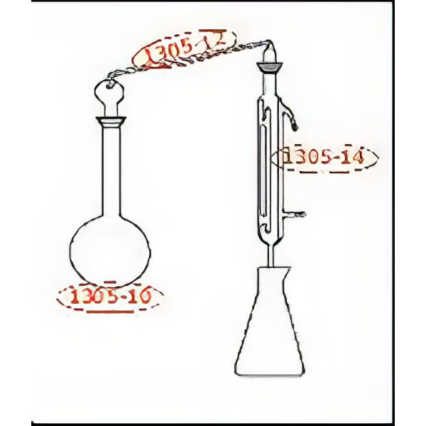 Distillatore per la determinazione dell'alcool nei vini, in vetro borosilicato, composta da: *Pallone f.tondo ml 500 GS 35/20; * Tubo adduttore con bolla di sicurezza GS 35/20; *Refrigerante a doppia circolazione GS 35/20; *Matraccio di raccolta.