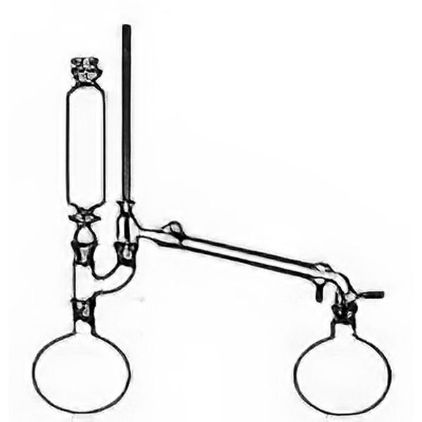 Distillatore con immissione di liquido, in vetro borosilicato, composto da: *Pallone ml 2000 NS29/32;* Imbuto cilindrico liscio ml 1000 coni NS 29/32; *Raccordo di distillazione secondo Claisen coni NS 29/32; *Raccordo di distillazione con refrigerante di Liebig e presa per il vuoto cono NS29/32; *Pallone ml 2000 cono 29/32