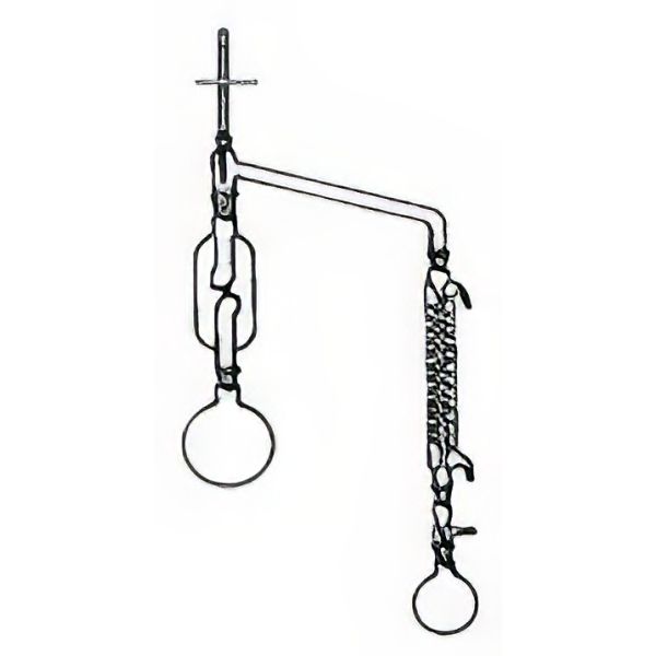 Distillatore per liquidi schiumogeni, in vetro borosilicato, composto da: *Pallone ml 1000 NS 29/32;* Raccordo con bolla antischiuma NS 29/32; *Raccordo a ponte coni M. NS 29/32 e F. NS 14/23; *Refrigerante a serpentino NS 29/32, *Raccordo diritto con presa per il vuoto; * Pallone ml 500 cono NS 29/32.