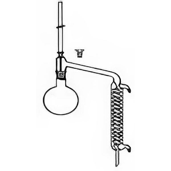Distillatore per solventi, in vetro borosilicato, composto da: *Pallone ml 1000 NS 29/32; * Raccordo di distillazione con refrigerante a serpentino coni F. NS 14/23 e M. 29/32; * Tappi in vetro NS 14/23.
