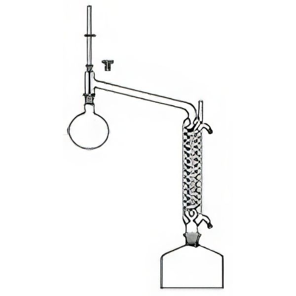 Distillatore per solventi infiammabili, vetro borosilicato, composto da: *Pallone ml 2000 NS 29/32; * Raccordo distillazione con refrigerante a serpentino mant. 300 cono M.29/32 e F.14/23; * Bottiglia di raccolta ml 2000; *Tappo in vetro soffiato NS 14/23.