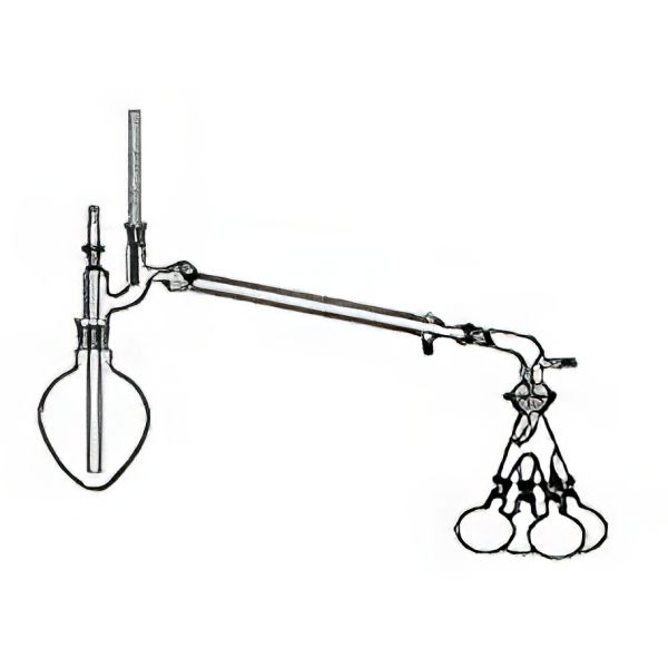Micro distillatore secondo Claisen, vetro borosilicato, composto da: *Pallone f.cuore ml 250 NS 29/32;* Raccordo distillazione Claisen con refrigerante Liebig mant. 300 cono M. NS 29/32 e F. NS14/23;* convogliatore di frazioni c. presa per il vuoto palloni ml 50 NS 14/23.