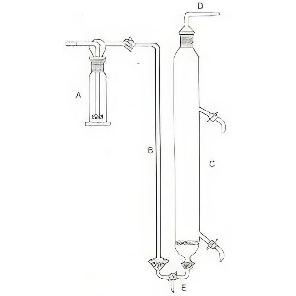 Apparecchio d'estrazione per tensioattivi, in v. borosilicato, composto da: A) Bottiglia per lavaggio gas secondo Drechsel ml 250 pescante con setto poroso; B) Raccordo con due GS 18/9-28/15; C) Colonna di strippaggio diam. 60mm setto poroso P1; D) Raccordo piegato cono maschio NS 29/32; E) Rubinetto a tre vie