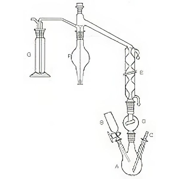 Apparecchio per la determinazione dell'anidride solforosa (SO2) nelle conserve vegetali, in vetro borosilicato, composto da: A) Pallone f. tondo ml 500 3 colli; B) Imbuto di carico ml 50 con rubinetto e gocciolatore; C) Raccordo per l'immissione dell'azoto, D) Bolla paraspruzzi 2 coni m/f NS 29/32; E) Refrigerante a bolle mant. 400 con raccordo incorporato, F) Pallone di raccolta forma cuore; G) Bottiglia Drechsel ml 250.