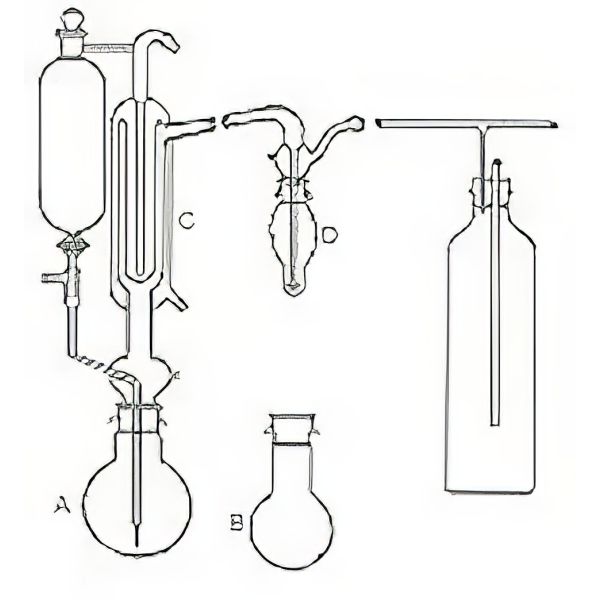 Apparecchio per la determinazione dell'anidride solforosa (SO2) nei vini, in vetro borosilicato.
