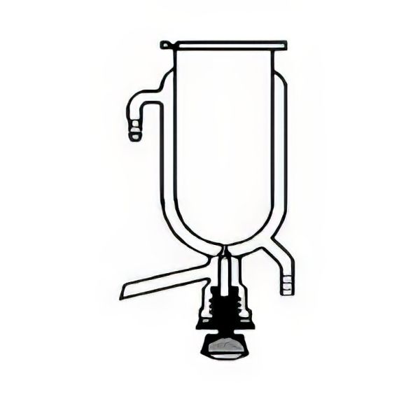 Reattori incamiciati, fondo sferico, flangia Schott scanalata, attacchi laterali a portagomma, rubinetto di scarico "TORION", vetro borosilicato.