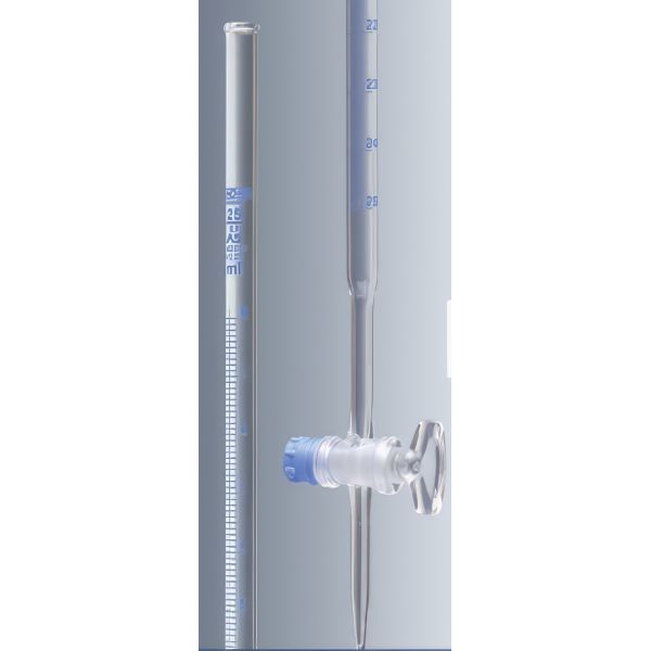 Burette con rubinetto diritto maschio vetro, vetro borosilicato, striscia Schlebach, classe AS.