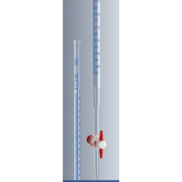 Burette con rubinetto diritto maschio teflon, vetro borosilicato, striscia Schlebach, classe AS.