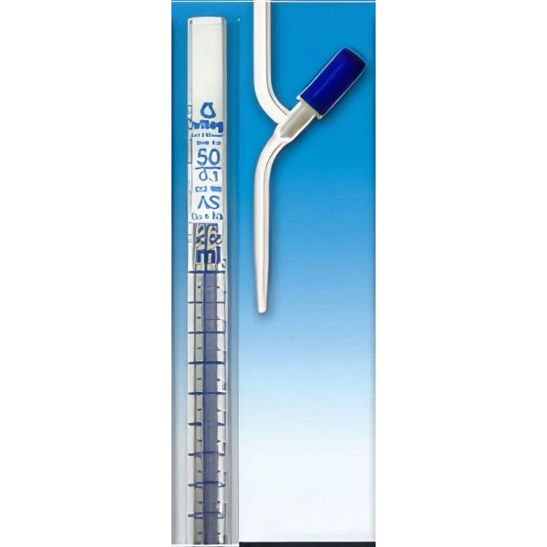 Burette con rubinetto diritto con valvola a spillo, vetro borosilicato, striscia Schelbach, classe AS.