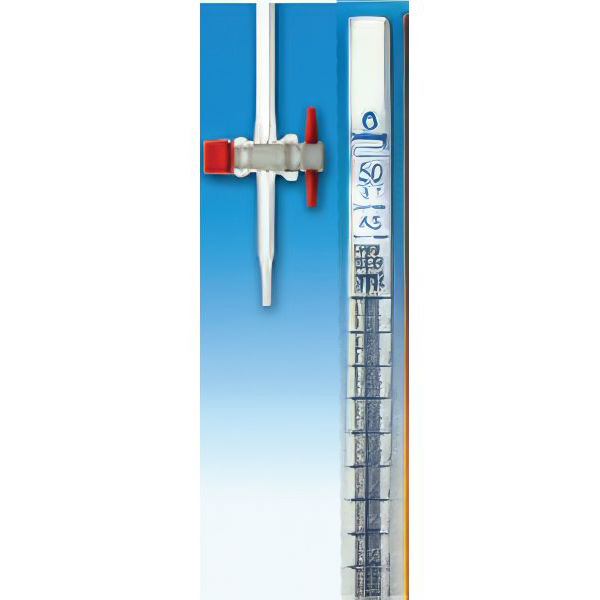 Burette con rubinetto diritto maschio PTFE, originali tedesche, secondo le norme DIN-EN-ISO 385, vetro borosilicato, classe AS, con certificato DE-M secondo la normativa di taratura tedesca.