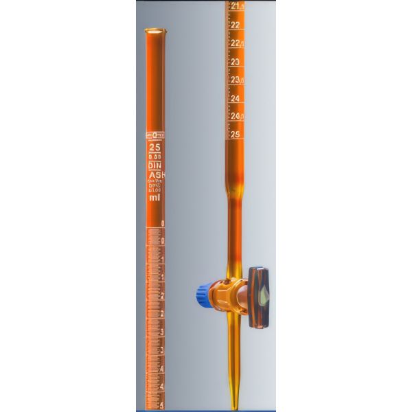 Burette con rubinetto diritto maschio vetro, vetro borosilicato, COLORE AMBRA, classe AS.