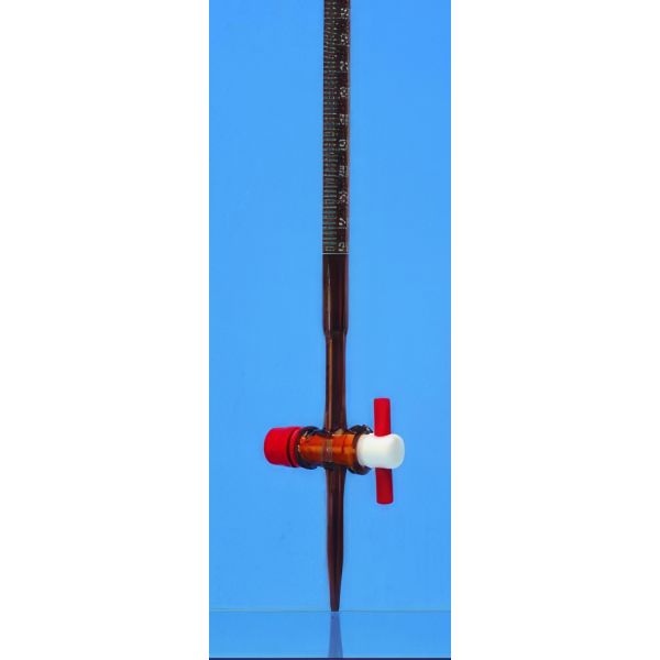 Burette con rubinetto diritto maschio PTFE, vetro borosilicato, COLORE AMBRA, classe AS.