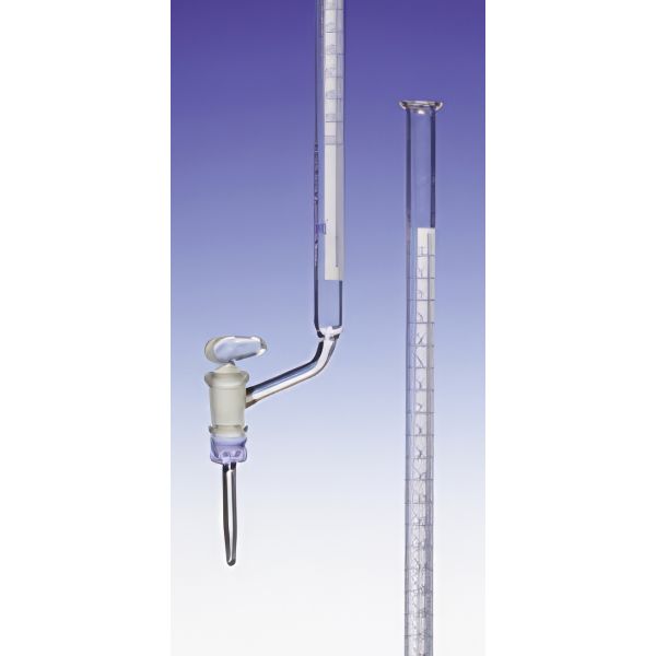 Burette con rubinetto a squadra maschio vetro, vetro borosilicato, striscia Schlebach, classe AS.