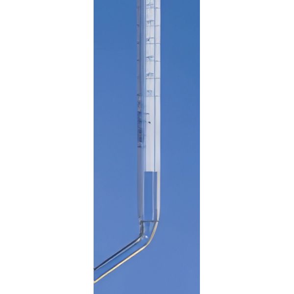Burette con rubinetto a squadra maschio PTFE, vetro borosilicato, striscia Schlebach, classe AS.