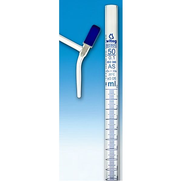 Burette con rubinetto a squadra valvola a spillo, vetro borosilicato, striscia Schlebach, classe AS.
