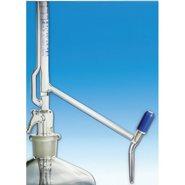 Burette di Pellet, con rubinetto con valvola a spillo, cono NS 29/32, vetro borosilicato, striscia Schelbach, classe AS, con certificato DE-M secondo la normativa di taratura tedesca. COMPLETE DI FLACONE LT.2 (senza monopalla)