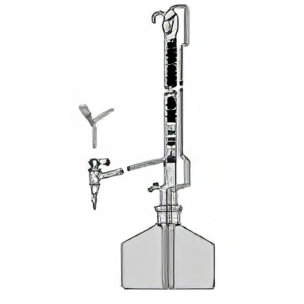 Burette di Pellet, con rubinetto maschio teflon, cono NS 29/32, vetro borosilicato, colore AMBRA. Complete di flacone (Lt. 2), monopalla e pinza KECK per cono 29/32.