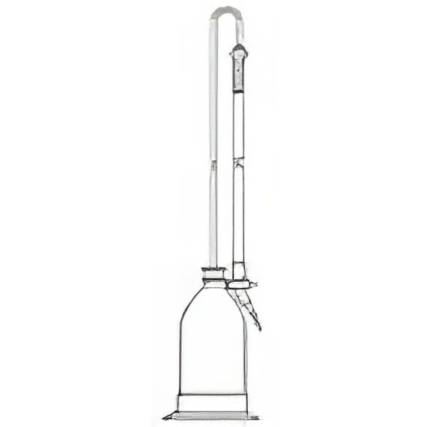 Burette di Schilling, originali tedesche, vetro borosilicato, striscia Schelbach, classe B, complete di bottiglia in polietilene e base in plastica.
