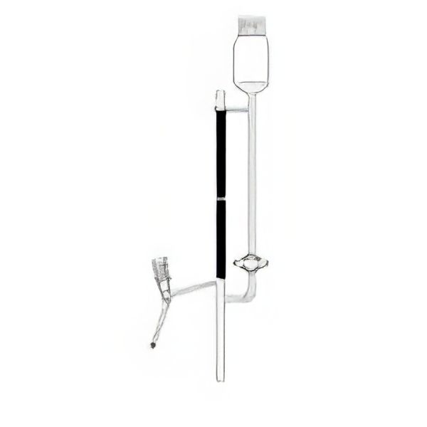 Microburette di Bang, vetro borosilicato, striscia Schelbach, classe AS, con serbatoio superiore di carico con tappo SVL, rubinetto a squadra, maschio vetro o teflon.