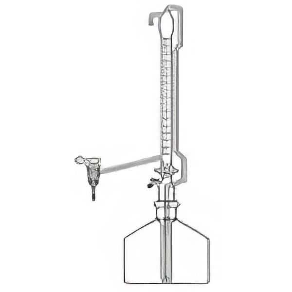 Burette di Pellet, vetro borosilicato, striscia Schelbach, classe AS, con rubinetto rubinetti di ritorno in bottiglia e rubinetto a squadra. Complete di bottiglia, monopalla e pinza KECK per cono NS 29/32