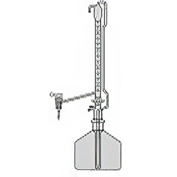 Burette di Pellet, vetro borosilicato, colore AMBRA, classe AS, con rubinetto di ritorno in bottiglia, rubinetto a squadra. Complete di bottiglia, monopalla e pinza KECK per cono 29/32