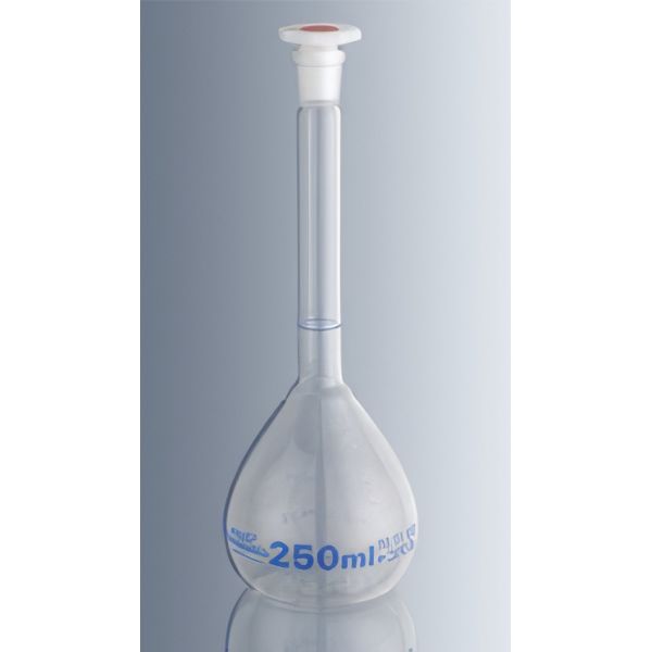 Matracci tarati, vetro borosilicato, colore stampa marrone o blu, con tappo moplen, classe A, con con certificato di conformità "DE-M" (in caso d'ordine specificare il colore di stampa desiderato)