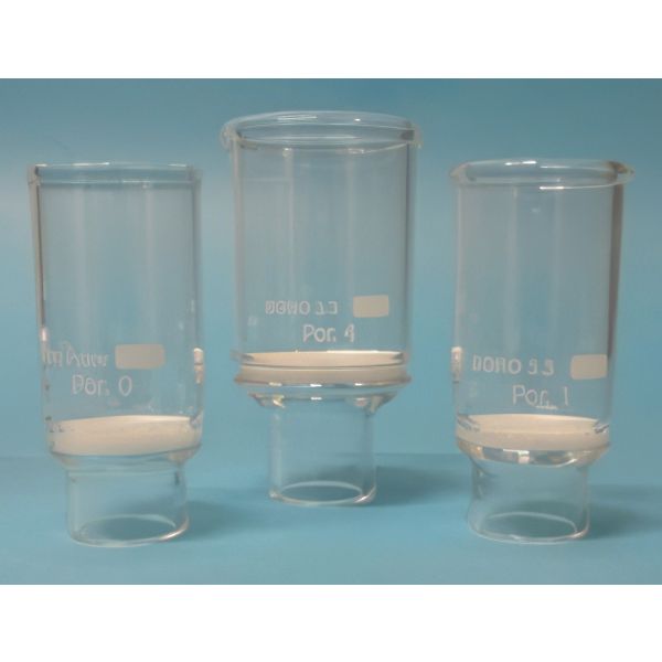 Crogioli filtranti, in vetro borosilicato, con setto poroso.