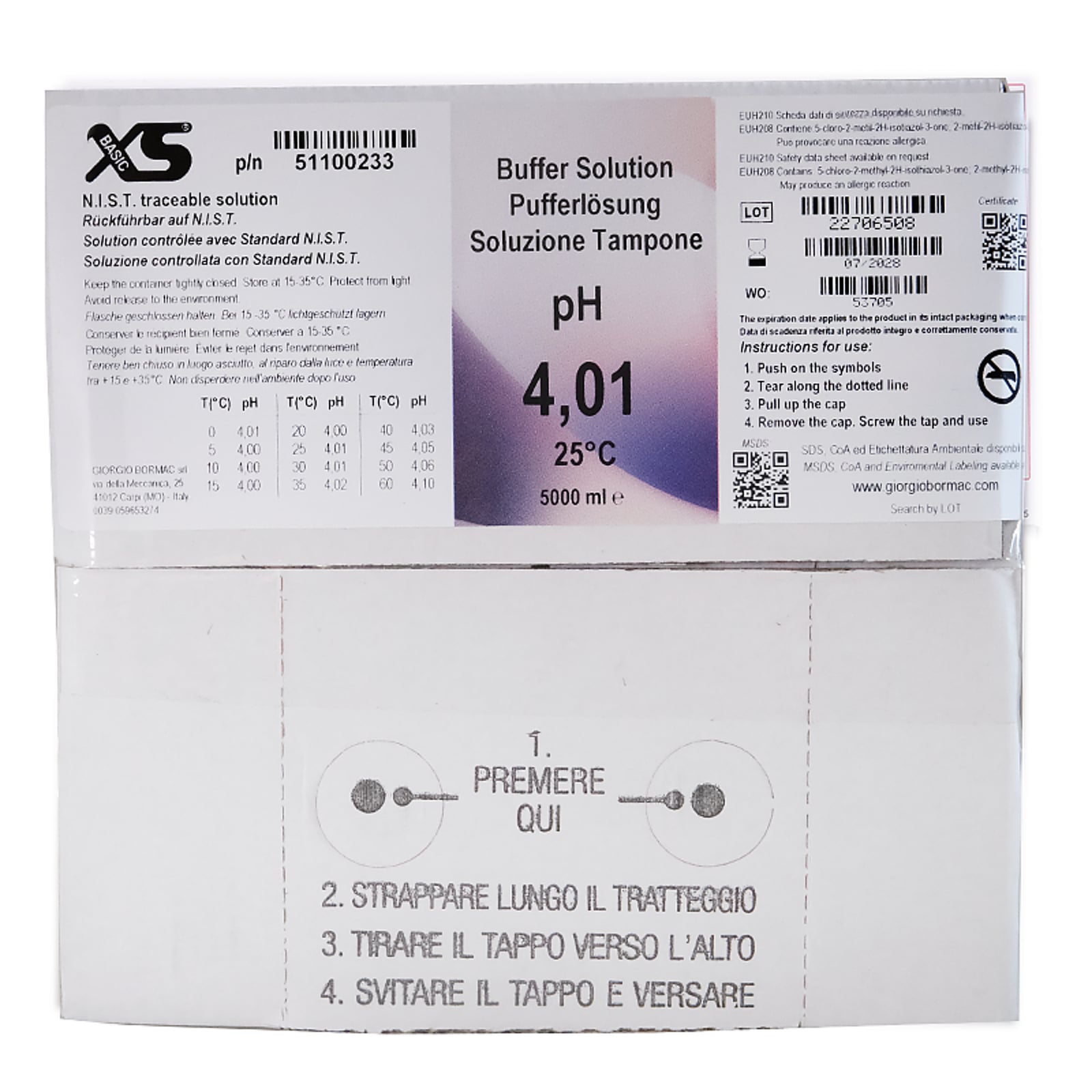 XS Basic pH 4.01 /25°C (rosso), Politainer 5 litri Soluzione di verifica