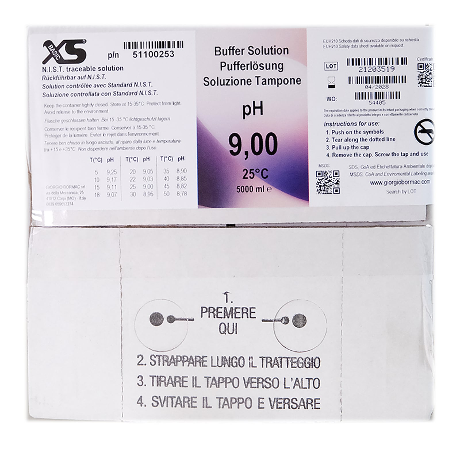 XS Basic pH 9.00 /25°C (blu), Politainer 5 litri Soluzione di verifica