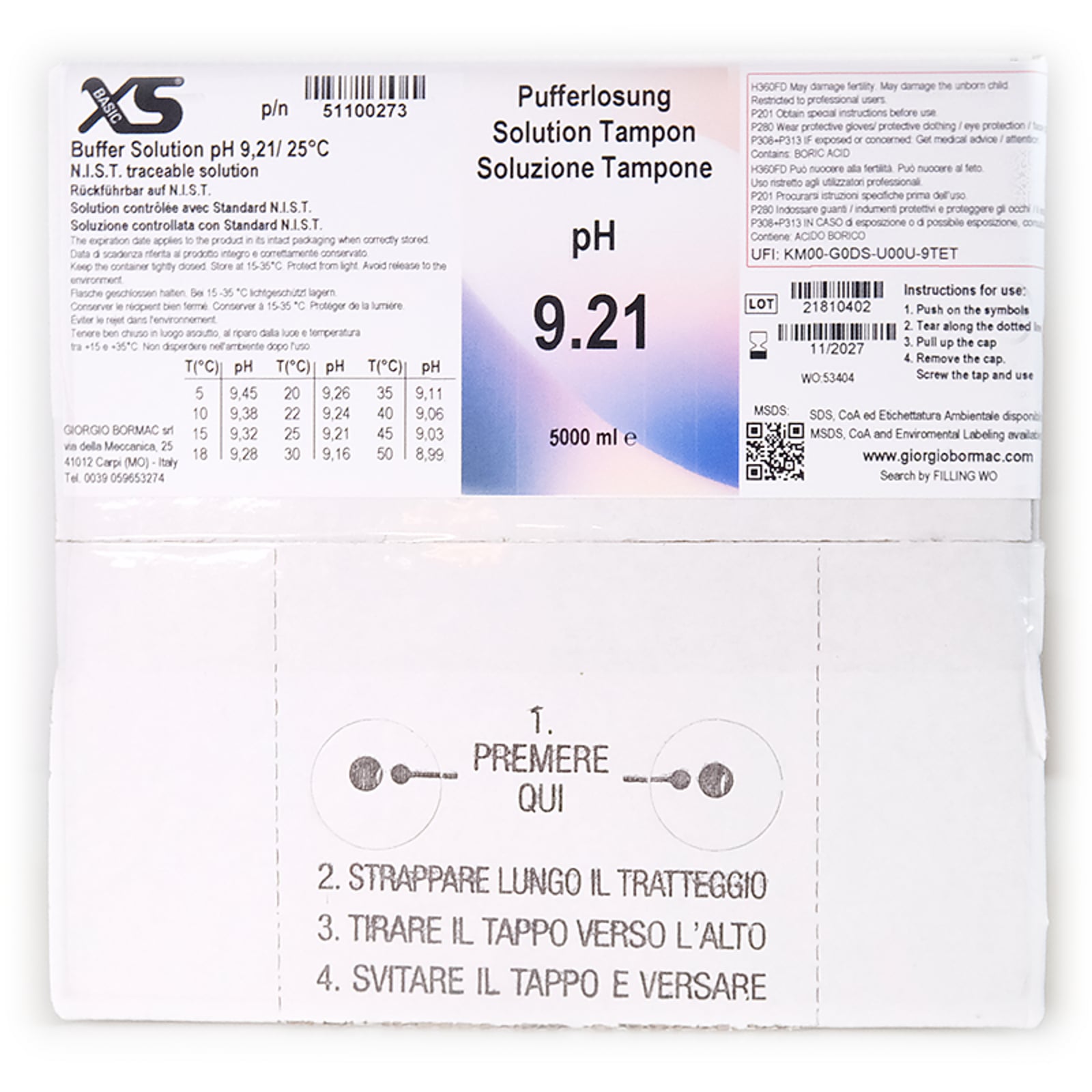 XS Basic pH 9.21 /25°C (blu), Politainer 5 litri Soluzione di verifica