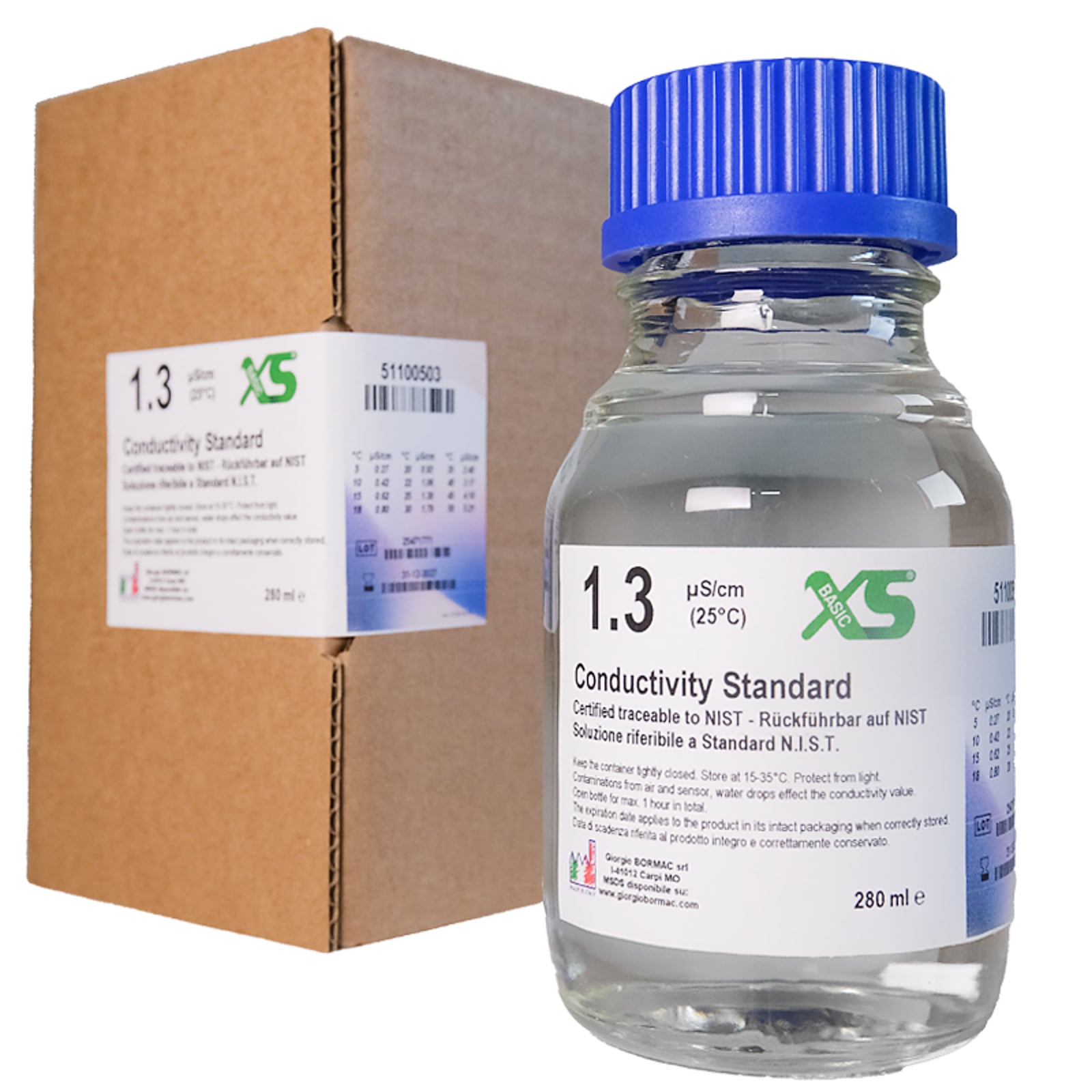 XS Basic EC 1.3 µS/cm /25°C, flacone vetro 280ml Soluzione di verifica